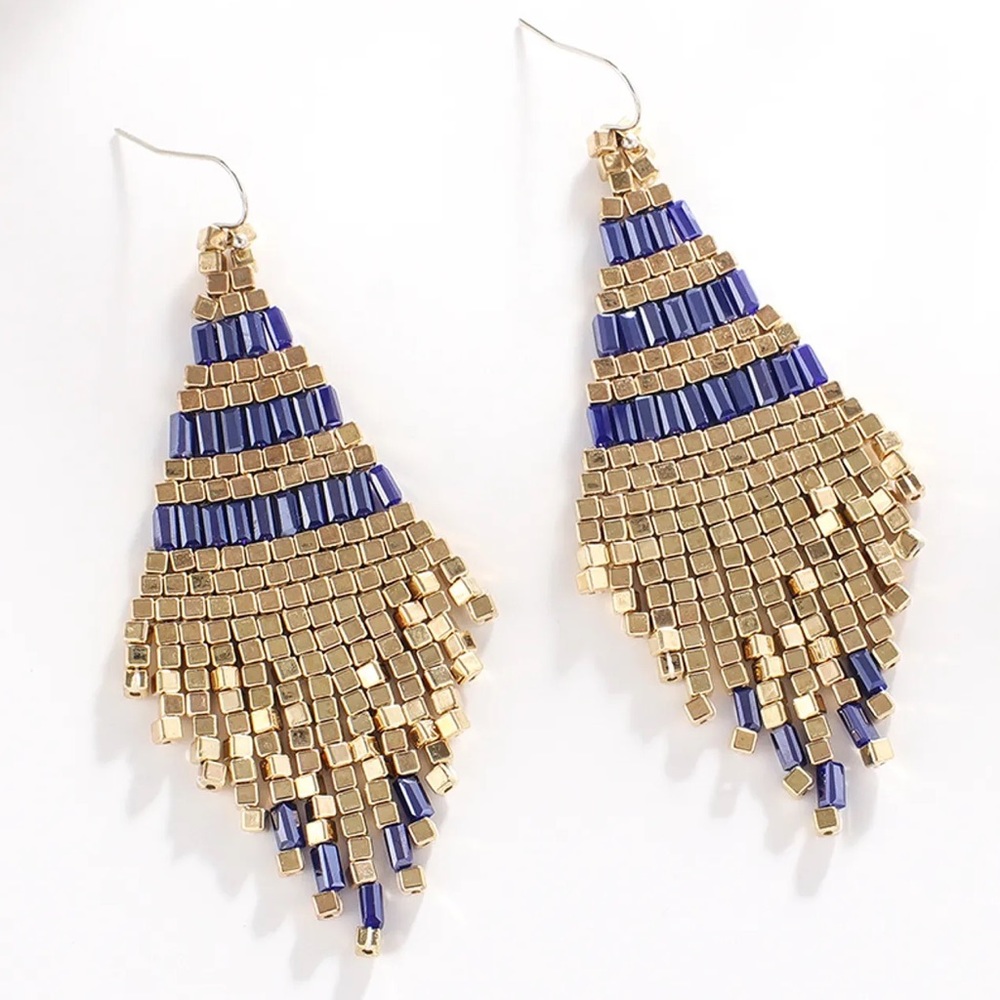 New Iridescent Navy Blue & Metallic Gold Beaded Fringe Earrings, Boho Style - Picture 3 of 14